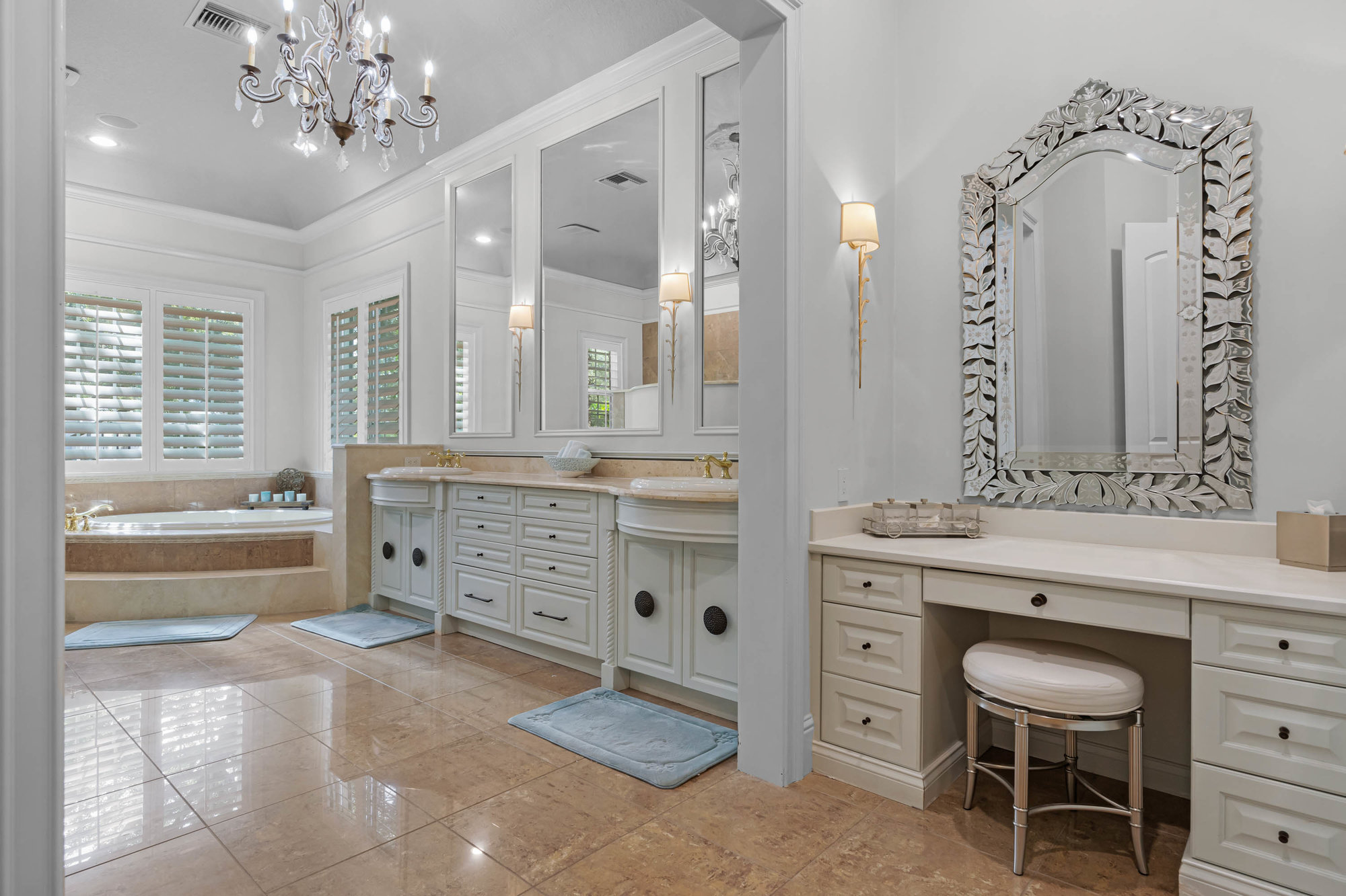 master bath with vanity and white counters